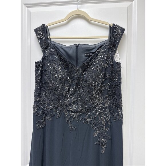 BETSY & ADAM Size 16W Gray Embellished Off The Shoulder Maxi Gown Cocktail Dress - Picture 3 of 9